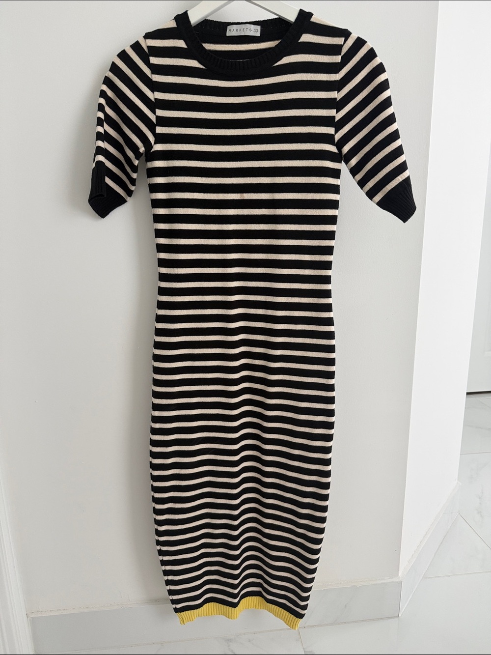 Arket Black and Cream Striped Midi Dress with Yellow Accent